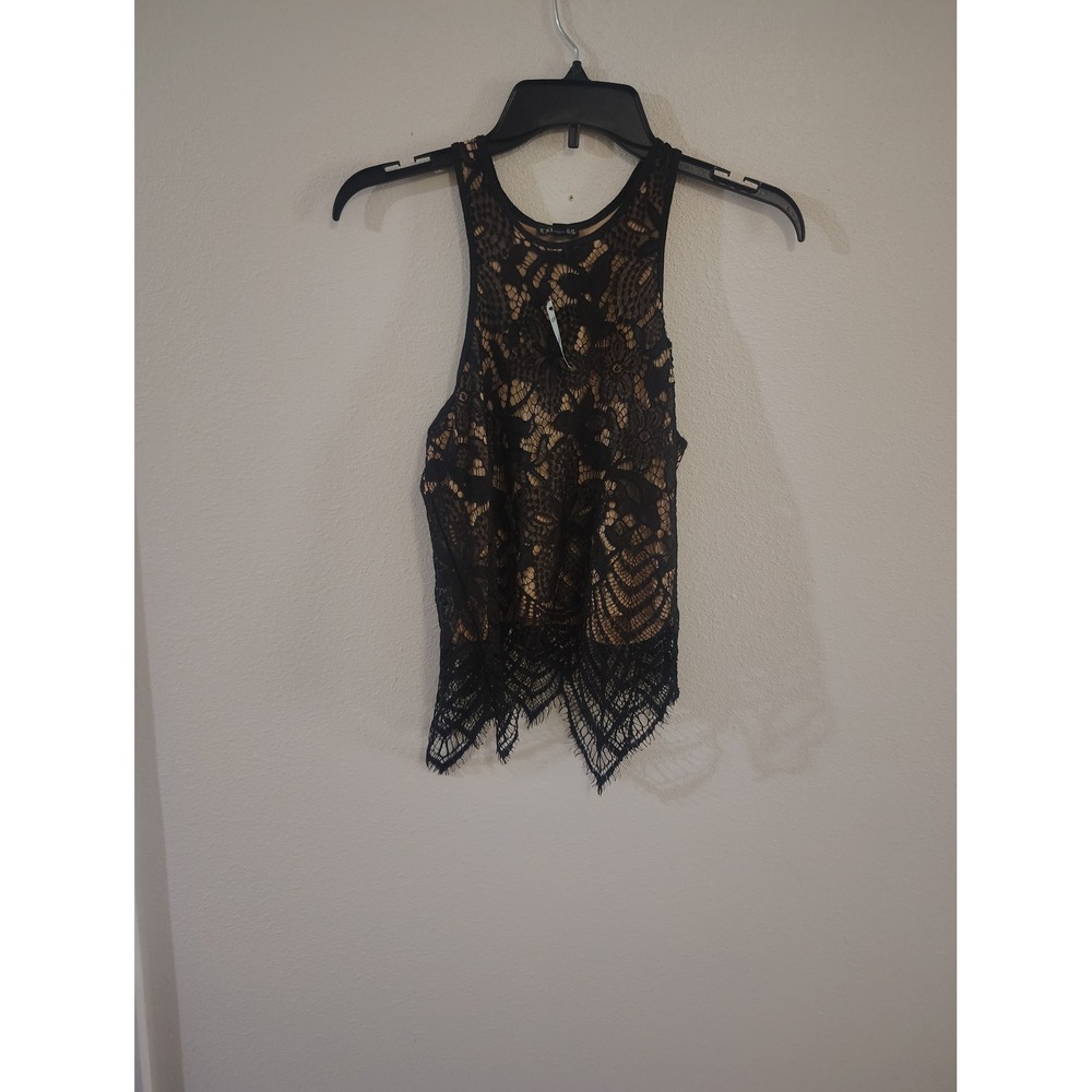 Express Women Black Floral Lace Sleeveless Top Nude Lining Racerback NWT XS